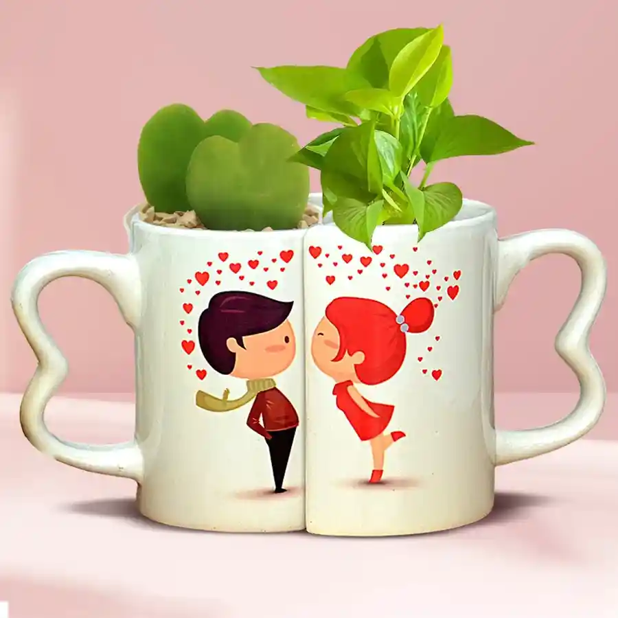 Personalized coffee mug featuring Hoya Heart and Money Plant design, customized with a couple's photo and heartfelt message.