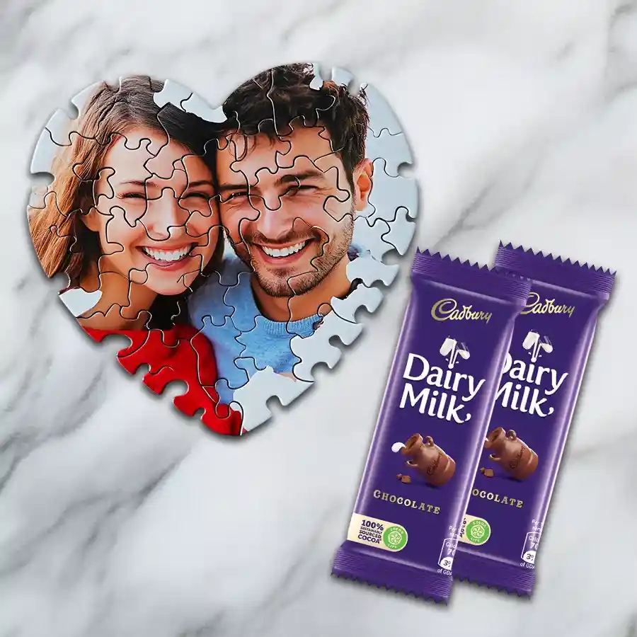 Heart-shaped personalized photo puzzle with twin Cadbury Dairy Milk chocolates and a red velvet rose