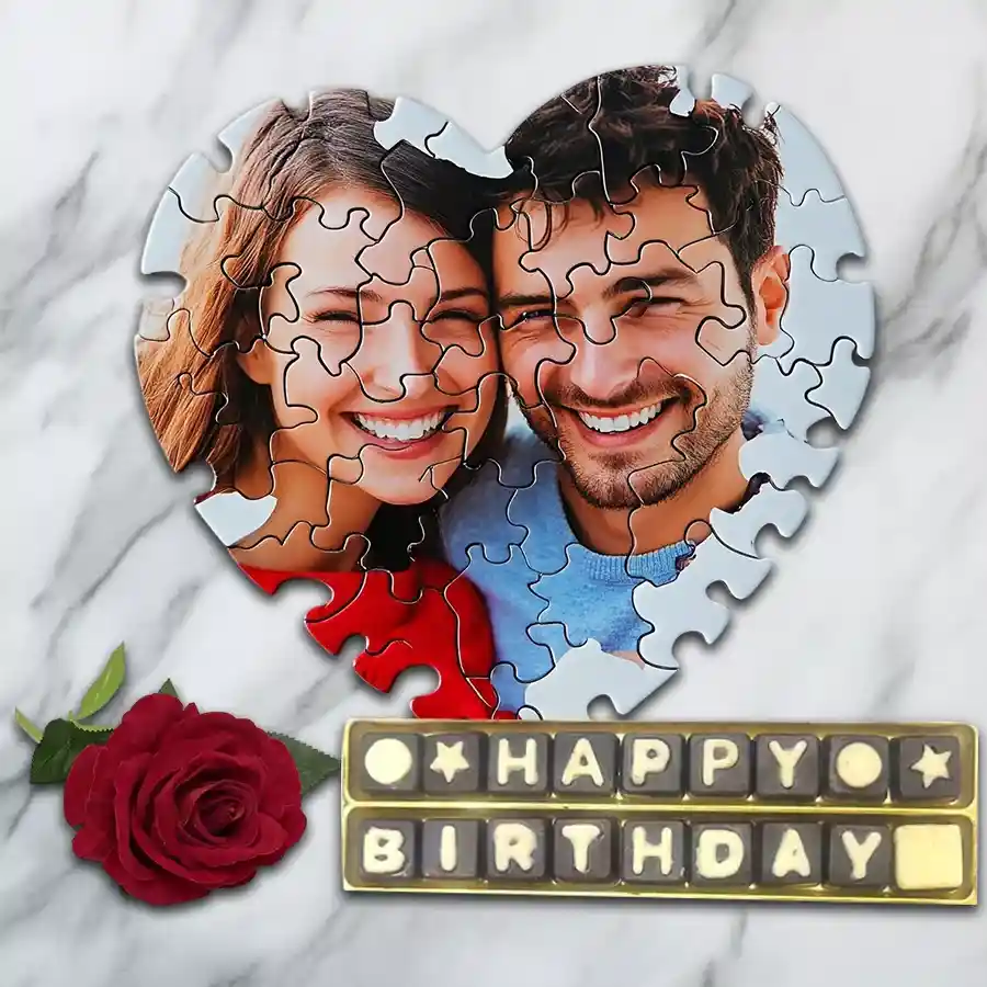 Exquisite personalized birthday gift bundle including a heart shape puzzle, a single velvet rose, and handmade chocolates