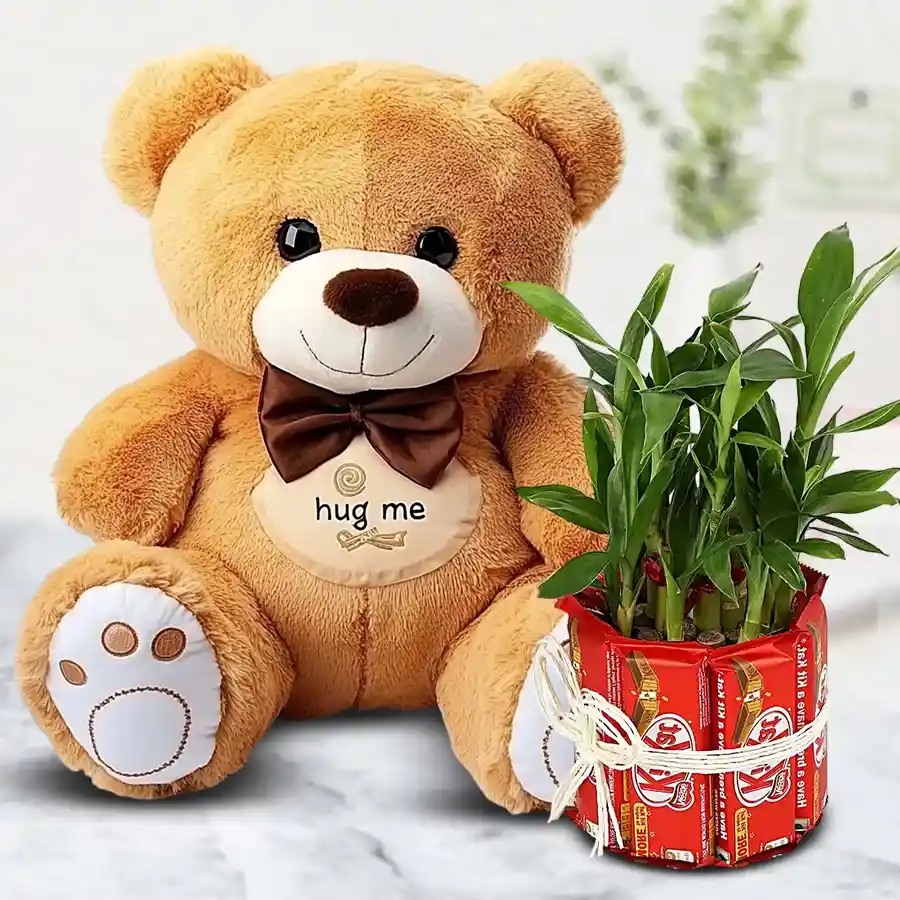 Cuddly 40 cm teddy bear, pack of 10 KitKats, and a 2-tier Lucky Bamboo plant arranged together as a birthday gift.