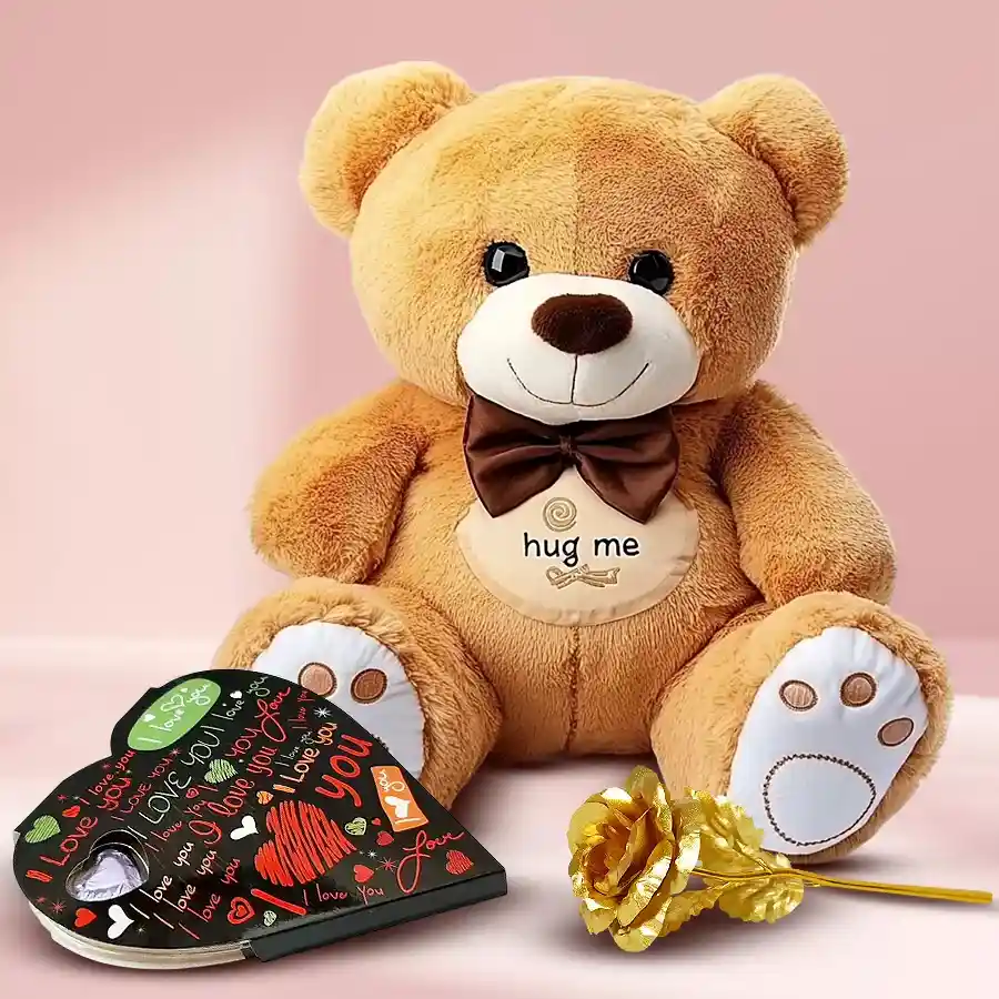 Wonderful Personalized Combo Gift featuring a soft teddy bear, heart-shaped chocolates, and a golden rose.