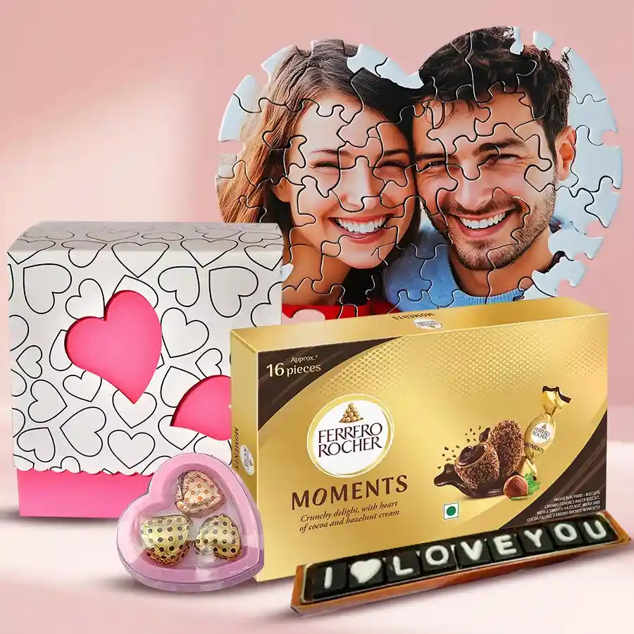 Personalized love puzzle with chocolates in a heart cutout box