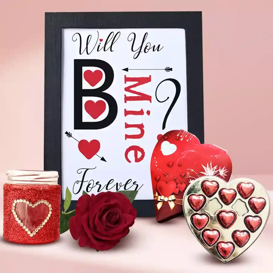 Lovely Photo Frame with LED lamp, heart-shaped chocolates, and a silky velvet rose arranged together as a heartfelt gift bundle.