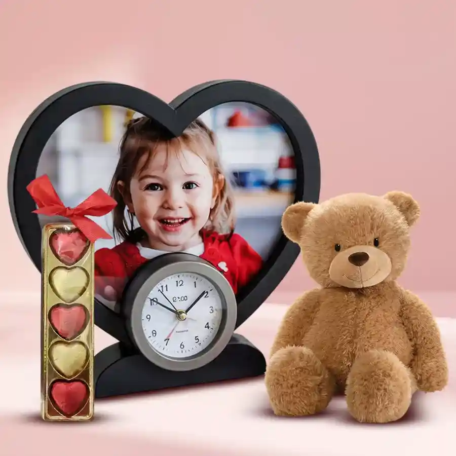 Happy Birthday Personalized Gift Combo featuring a Magic Heart Lamp Clock, heart-shaped chocolates, and a teddy bear.