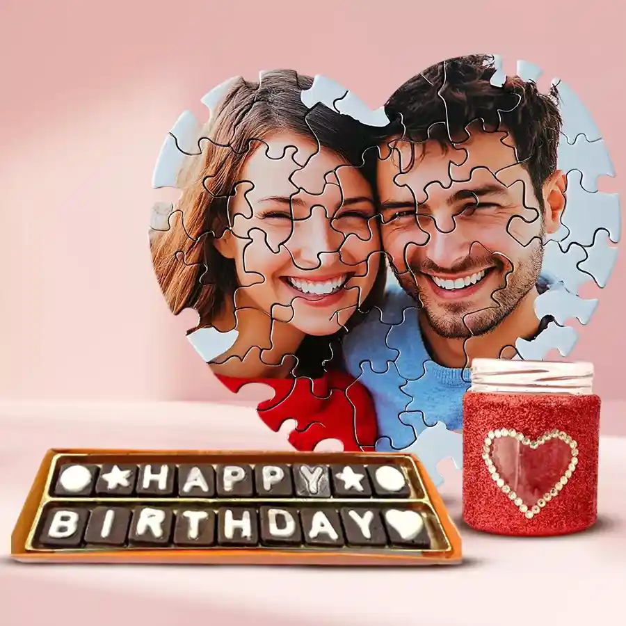 Personalized heart puzzle with handmade chocolates and LED lamp gift set