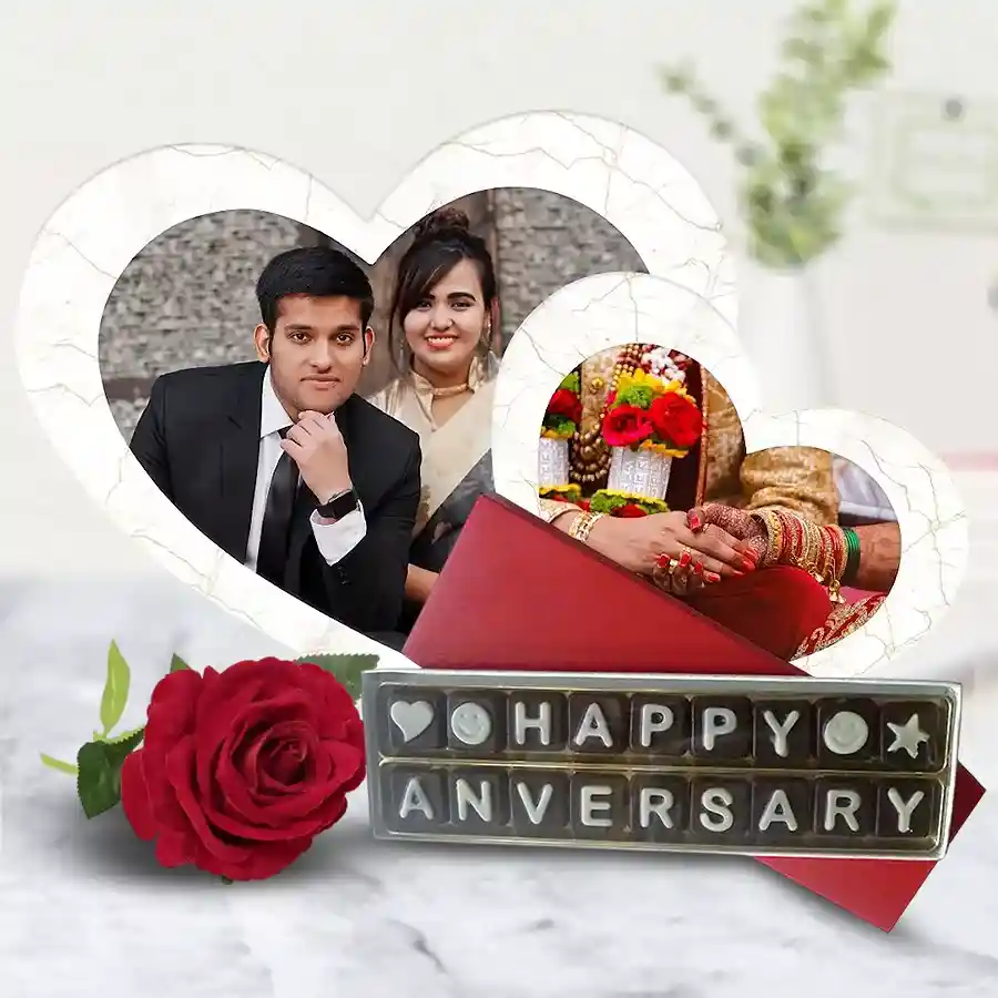 Exclusive personalized twin heart photo frame with handmade chocolates and a red velvet rose