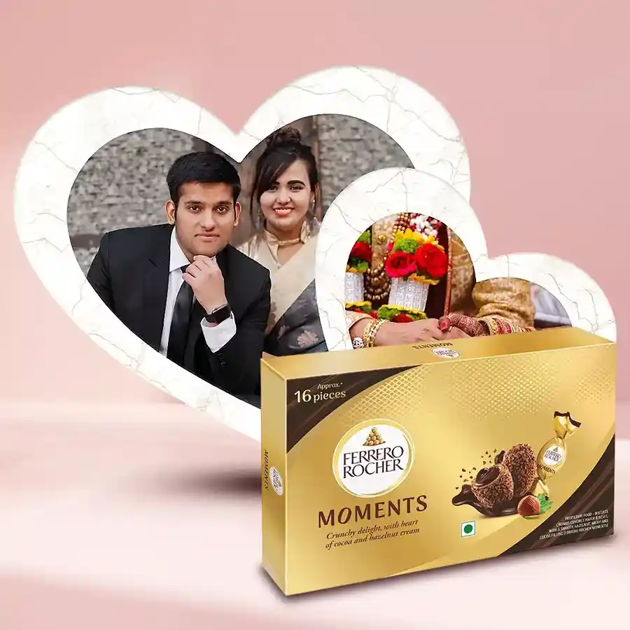 Exclusive Twin Heart Personalized Photo Frame with a photo, alongside a box of Ferrero Rocher chocolates.