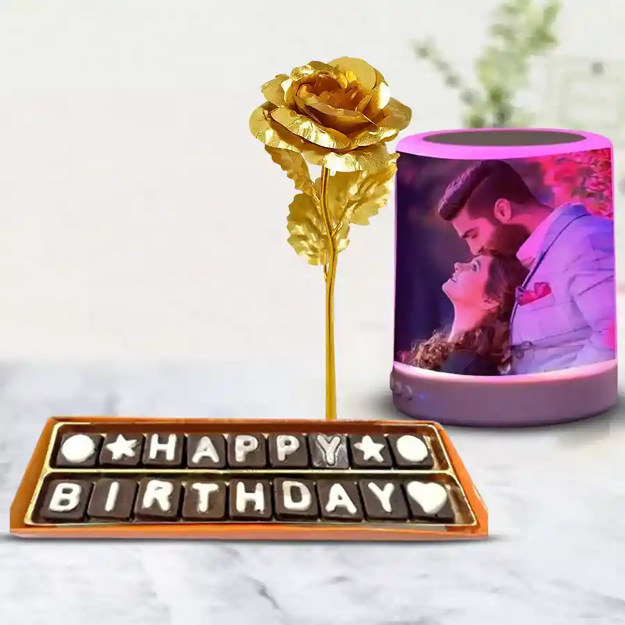 Amazing Personalized Bluetooth Speaker with Handmade Chocolates Combo for birthdays, featuring a custom photo speaker, 18 handmade chocolates, and a golden rose.