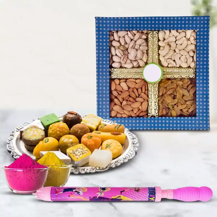 Marvelous Mixed Sweets and Dry Fruits Combo for Holi with pichkari and herbal Gulal