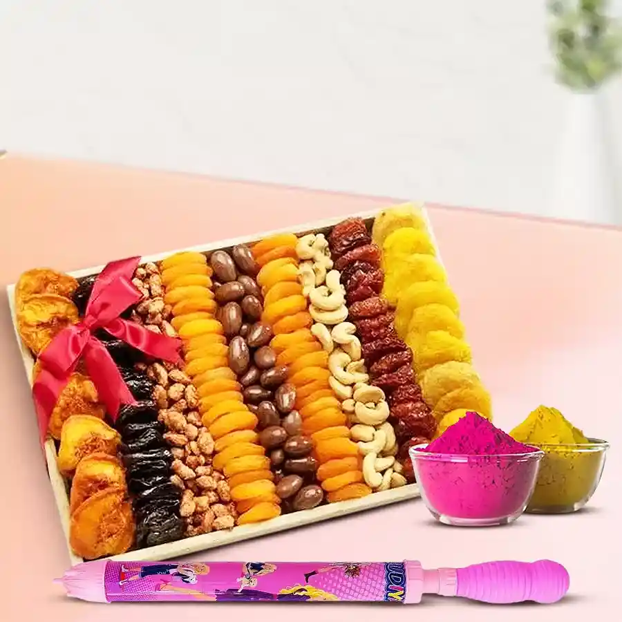 Yummy Dry Fruits and Nuts Gift Tray for Holi featuring assorted treats and festive items