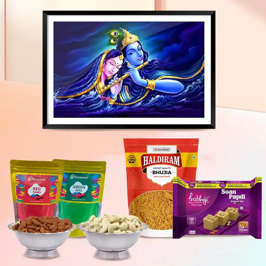 Radha Krishna photo frame gift combo with assorted dry fruits, Soan Papdi, Bhujia, and eco-friendly herbal Gulal