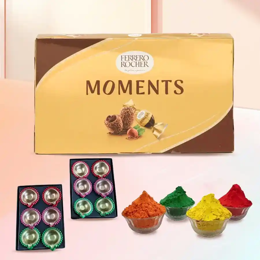 Beautiful Diya Set with Ferrero Rocher chocolates and herbal gulal for Holi celebrations