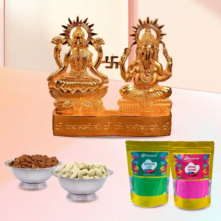 Marvelous Ganesh Laxmi Mandap Gift Combo featuring a decorative mandap, premium dry fruits, and herbal gulal for Holi celebrations