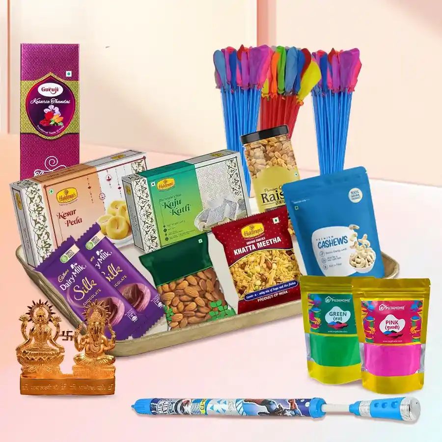 All-in-One Holi Gift Hamper featuring sweets, chocolates, nuts, herbal gulal, pichkari, balloon fountain, and a decorative tray.