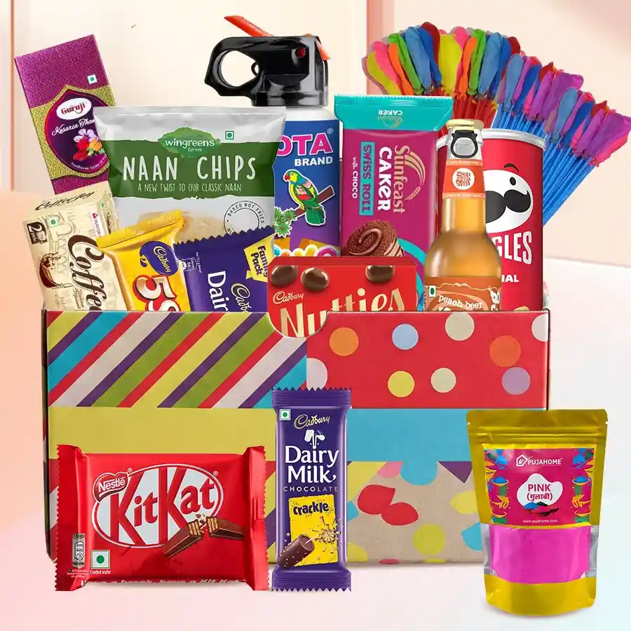 Special Holi Gift Box containing Pringles Chips, Cadbury chocolates, Coffee Joy Cookies, Guruji Thandai, color spray, herbal gulal, water balloons, and festive goodies.