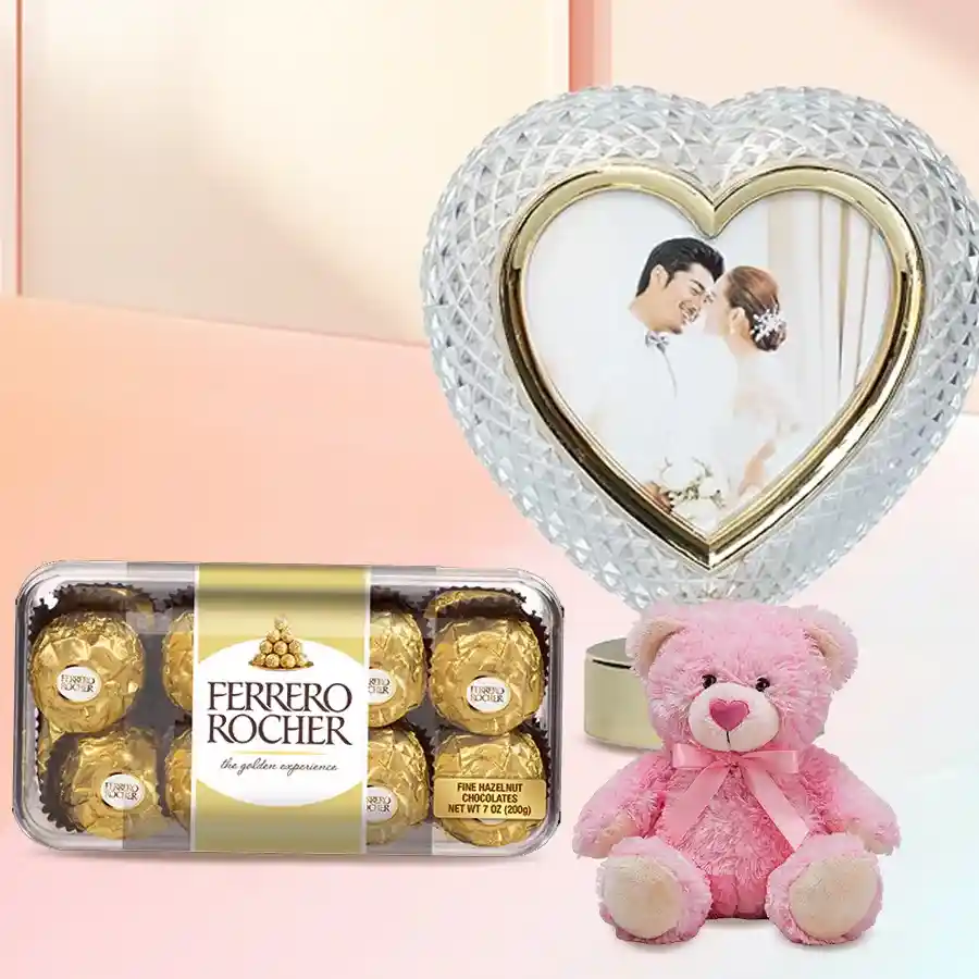 Personalized heart-shaped crystal gift set with sapphire chocolates and a teddy bear