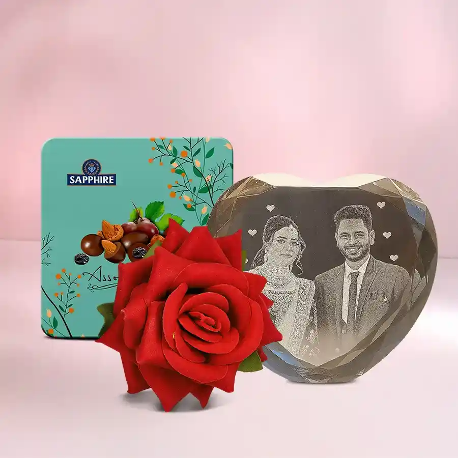Lovely Personalized Heart Crystal with Sapphire, gourmet chocolates, and a velvet red rose