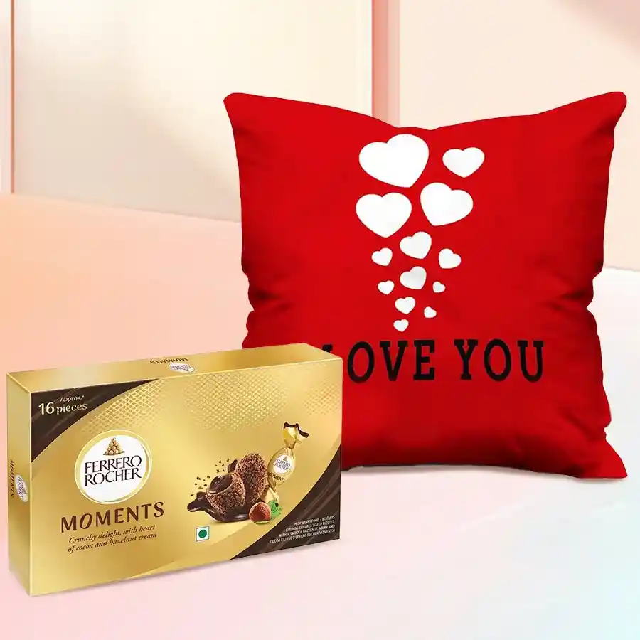 Personalized ILU Velvety Cushion with Ferrero Rocher chocolates in an elegant gift arrangement.