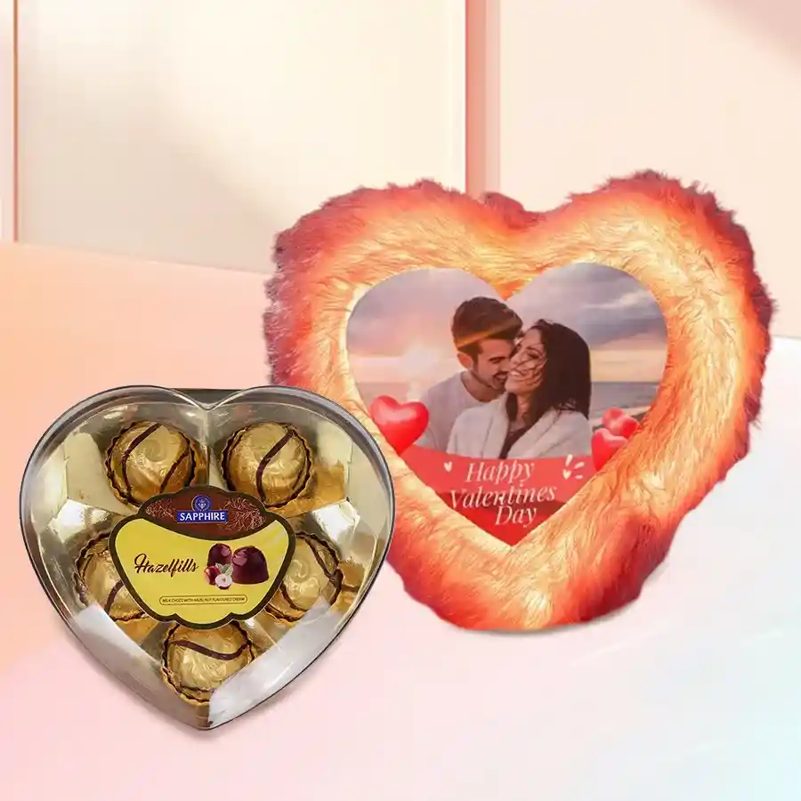 Personalized LED heart-shaped fur cushion with 12 luxurious Sapphire chocolates, featuring a customizable photo or message.