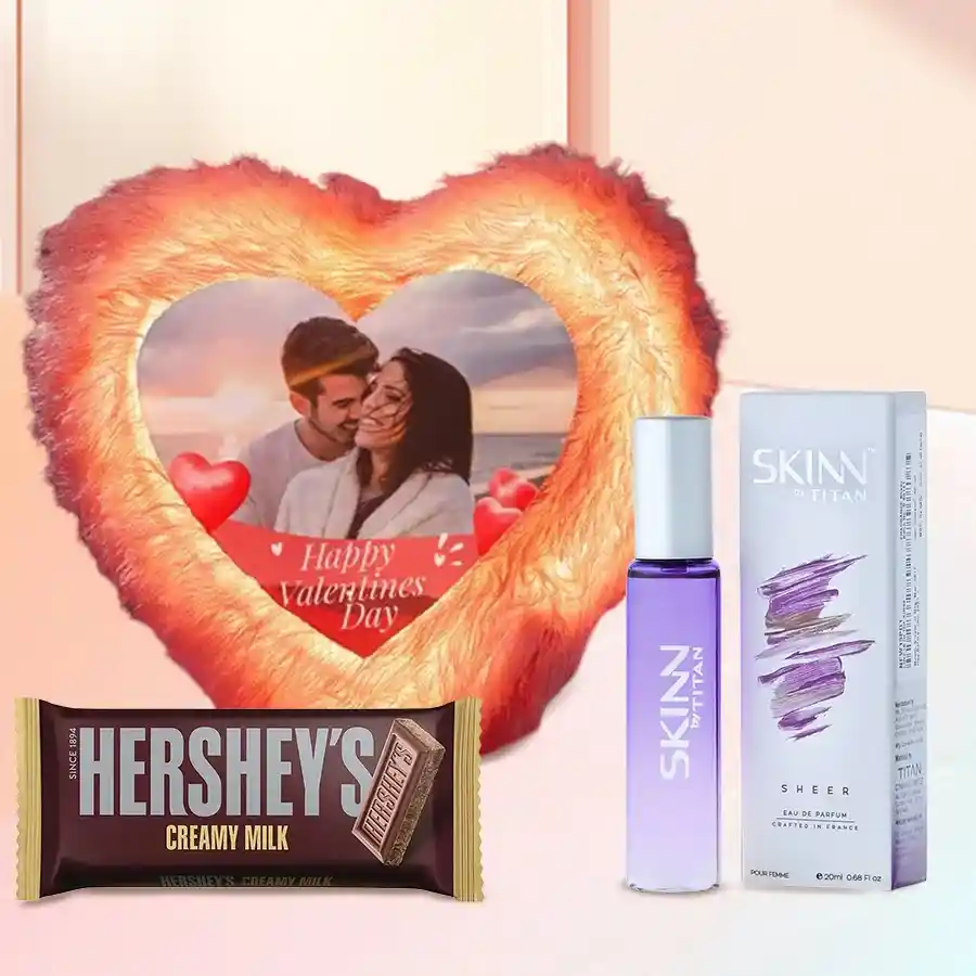 Exclusive Personalized Gift Combo for Wife including custom LED Heart Fur Cushion, Hershey's Bar, and fragrant skin perfume.