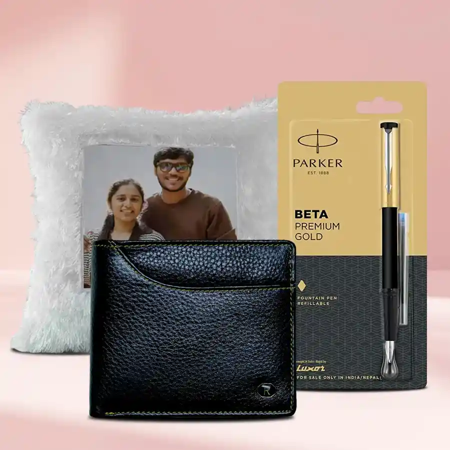 Personalized LED cushion with a custom photo, Rich Born wallet, and Parker Beta pen displayed together as a gift set for husband.
