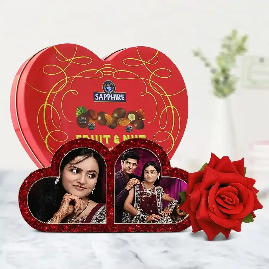 Exclusive Hearty Delight Personalized Gift Combo for Birthday featuring custom HB Double Heart, Red Heart Shape Fruit & Nut Tin, and Velvet Rose.