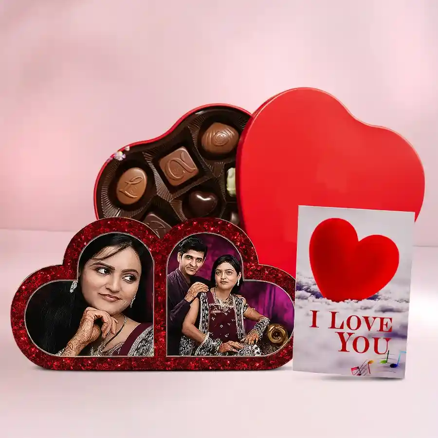 Personalized HB Double Heart gift set with handcrafted chocolates and an "I Love You" card in a heart-shaped tin