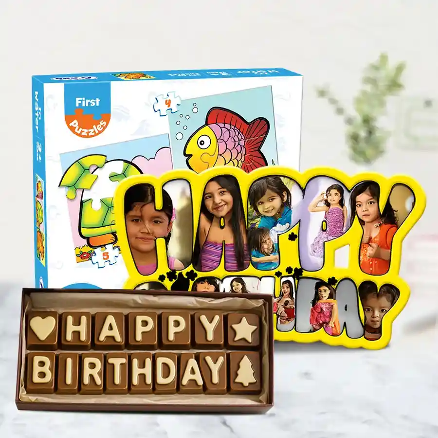 Attractive personalized kids birthday gift combo including a custom photo frame, SMS chocolates, and a Frank puzzle