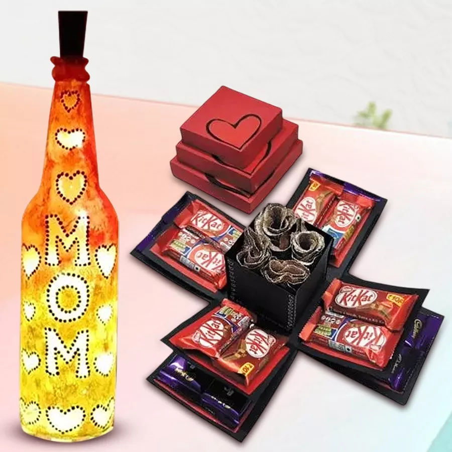Chocolates n Rose Explosion Box with LED-lit bottle lamp for Mom