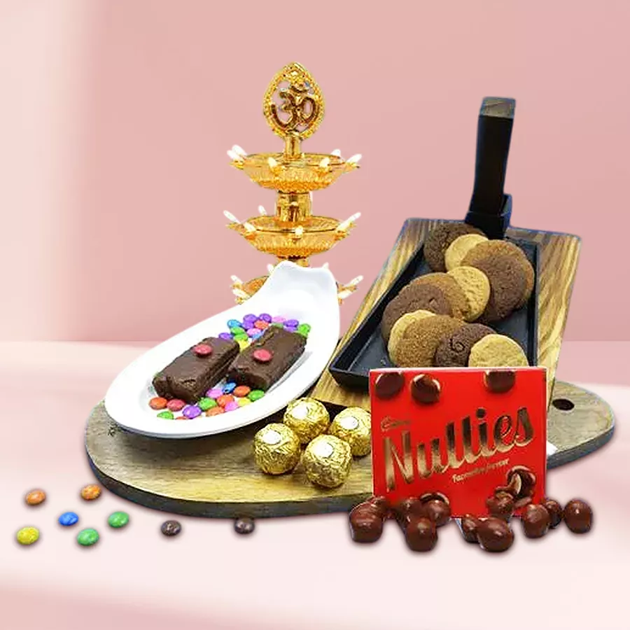 Oozing Class Chocolate and Cookie Hamper with LED Tower Lamp on a festive background