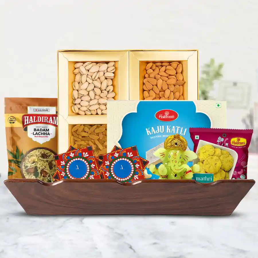 Haldiram Sweets and Snacks Gift Set with Ganesh Idol and Dot Mandala Art Diyas in Wooden Tray
