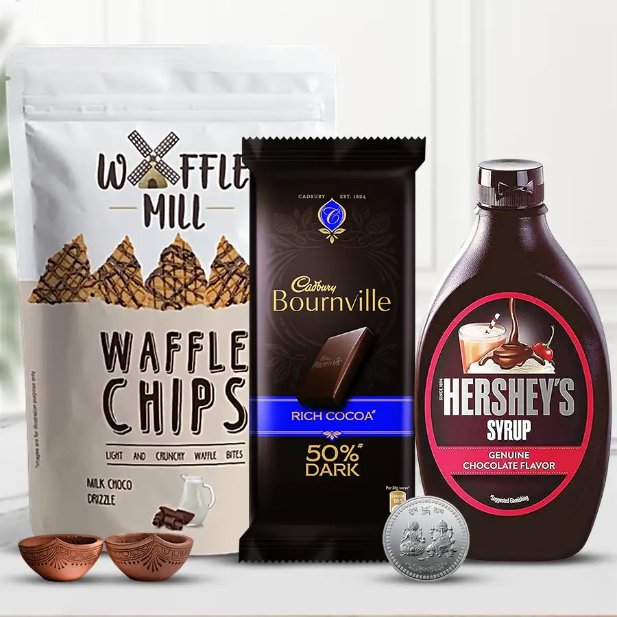 Joyful Diwali Triple Choco Delight gift set with mud diyas and silver-plated Ganesh-Laxmi coin