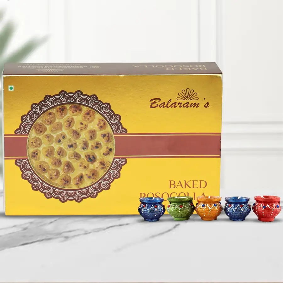 Baked Rasogulla with Matka Diyas for Diwali celebration