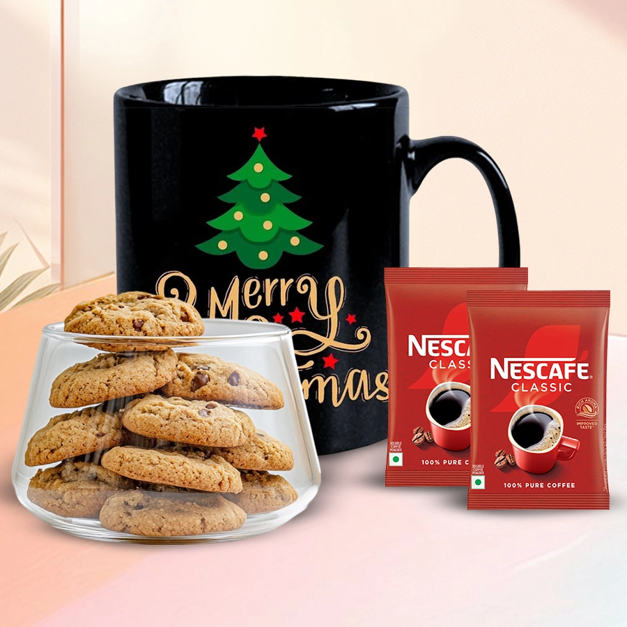 Personalized black Christmas mug with coffee packs and choco chip cookies gift set