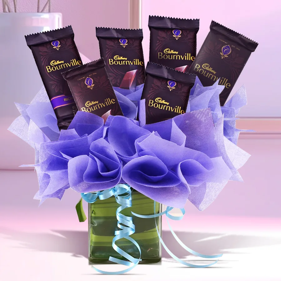 Brilliant bouquet of Cadbury Bournville chocolates arranged in a glass vase
