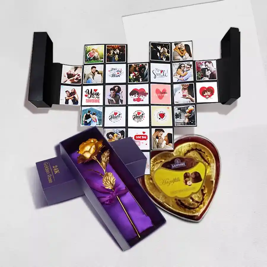 Expressive Personalized PopOut Heart Maze Card featuring 11 photos, 8 messages, heart-shaped sapphire hazel chocolates, and a golden rose, displayed open to showcase its design and dimensions.