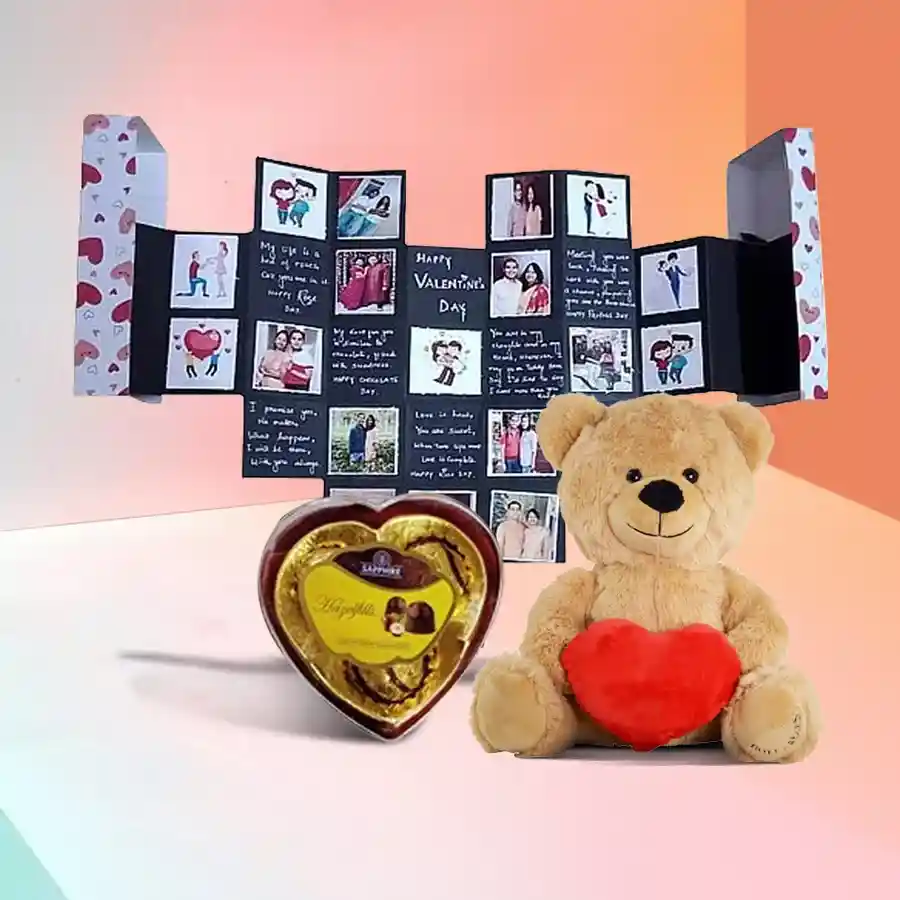 Personalized Maze Card with pop-out heart, three heart-shaped Sapphire Hazelfills Chocolate boxes, and a 6-inch teddy bear holding a heart.