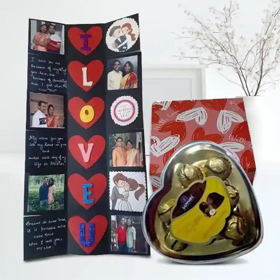 Fabulous personalized photo card with five photos and heartfelt messages alongside an 8-piece heart-shaped Sapphire Hazelfills chocolate box