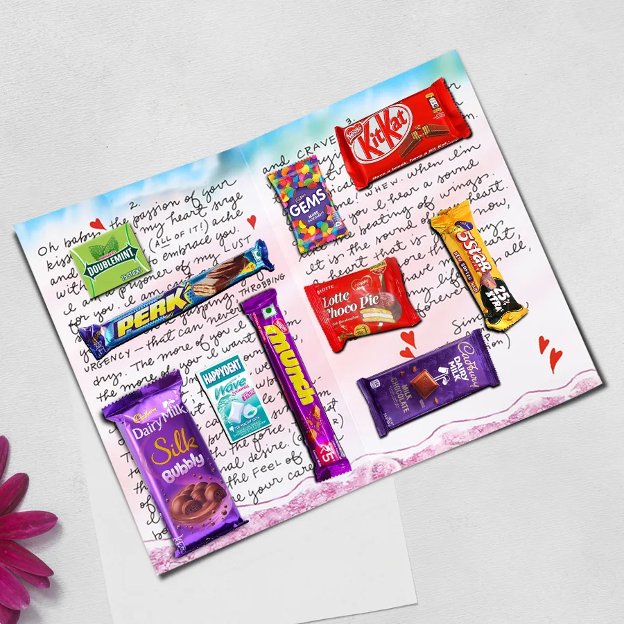 Assorted chocolates and a message card presented in an elegant arrangement
