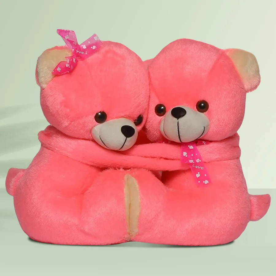 Twin adorable teddy bears combined into one plush toy, featuring two cute heads and a heart symbol.