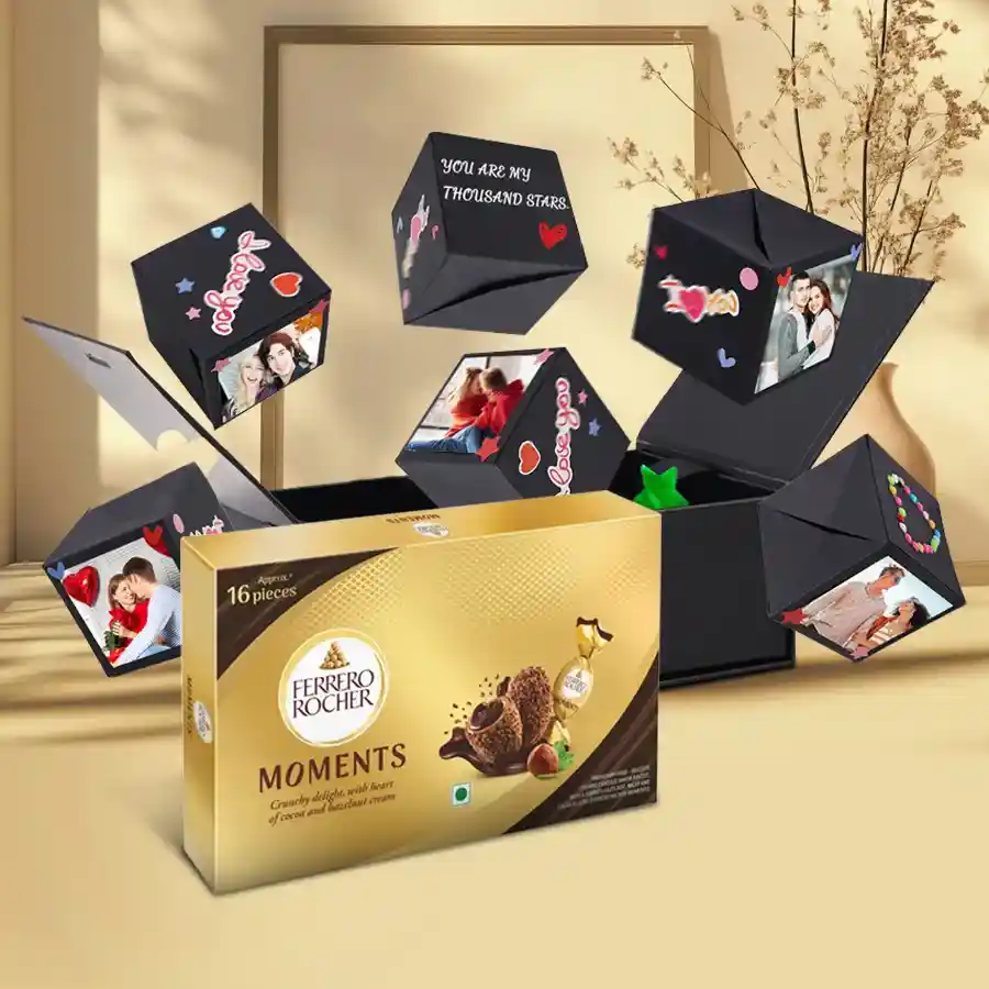 Dazzling Personalized Photo PopUp Box showcasing three photos and customized messages with Ferrero Rocher Moments inside