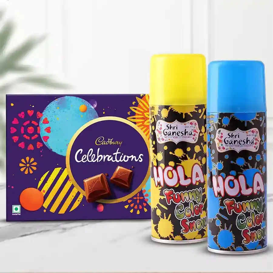Splendid Holi gift set featuring Cadbury chocolates and colorful Holi color shots