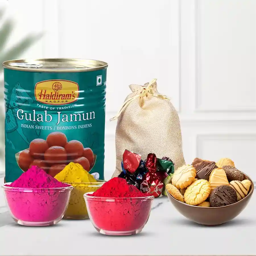 Ravishing Handmade Chocolates, Cookies, Haldiram Gulab Jamun, and colorful Holi Gulal arranged in a charming jute potli for Holi celebration.