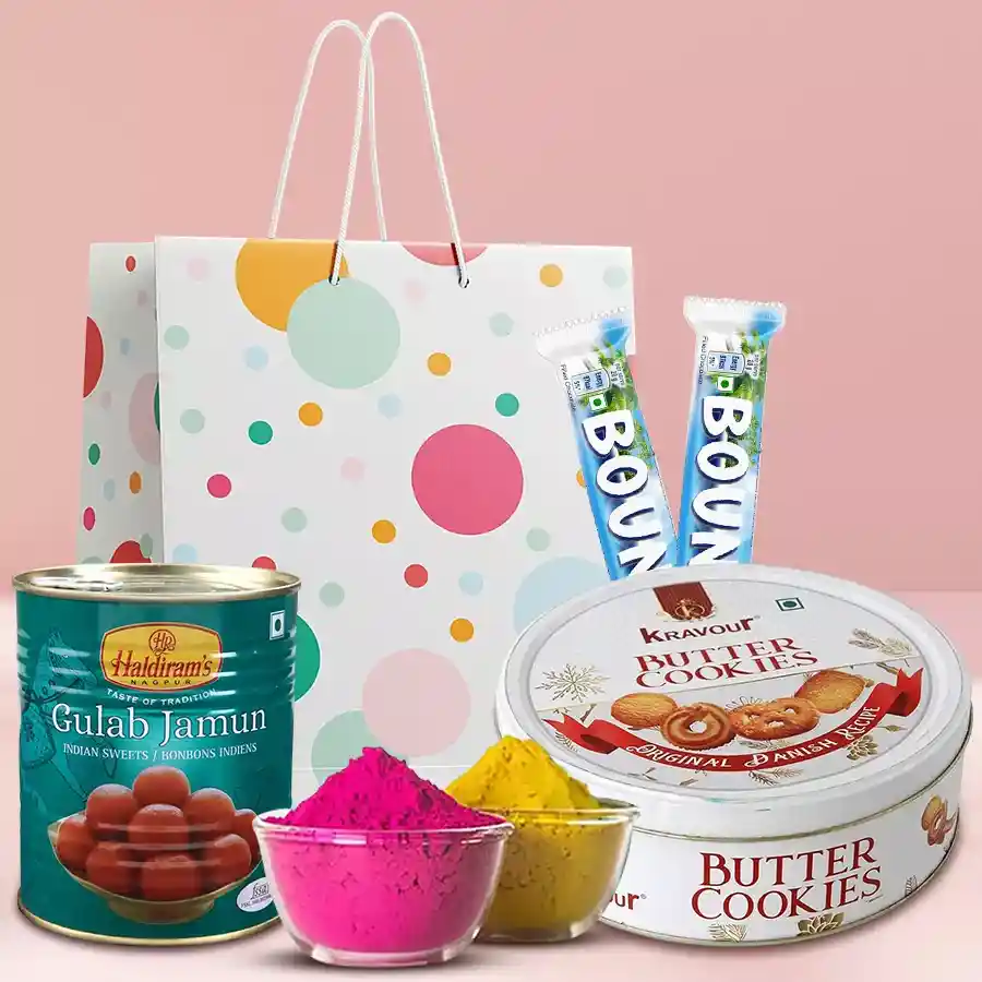 Enjoyable Holi Gift Bag featuring Danish Cookies, Gulab Jamun, Chocolates, and Herbal Gulal