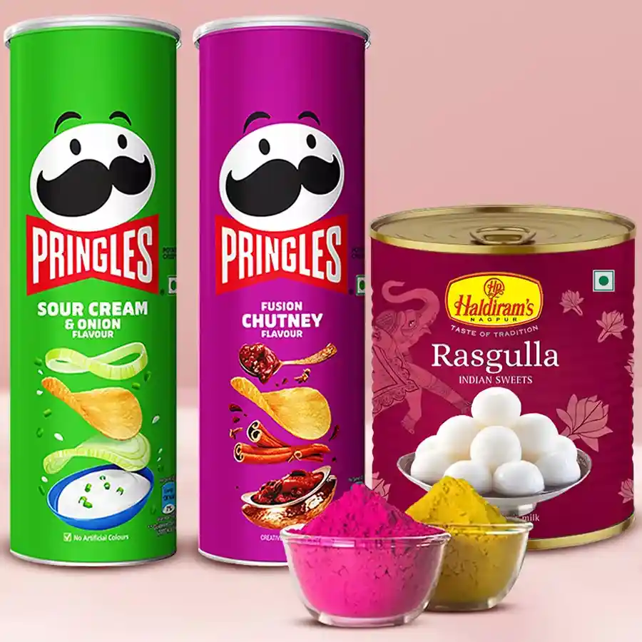 Special Haldiram Rasgulla pack with Pringle Chips and herbal gulal for Holi celebrations