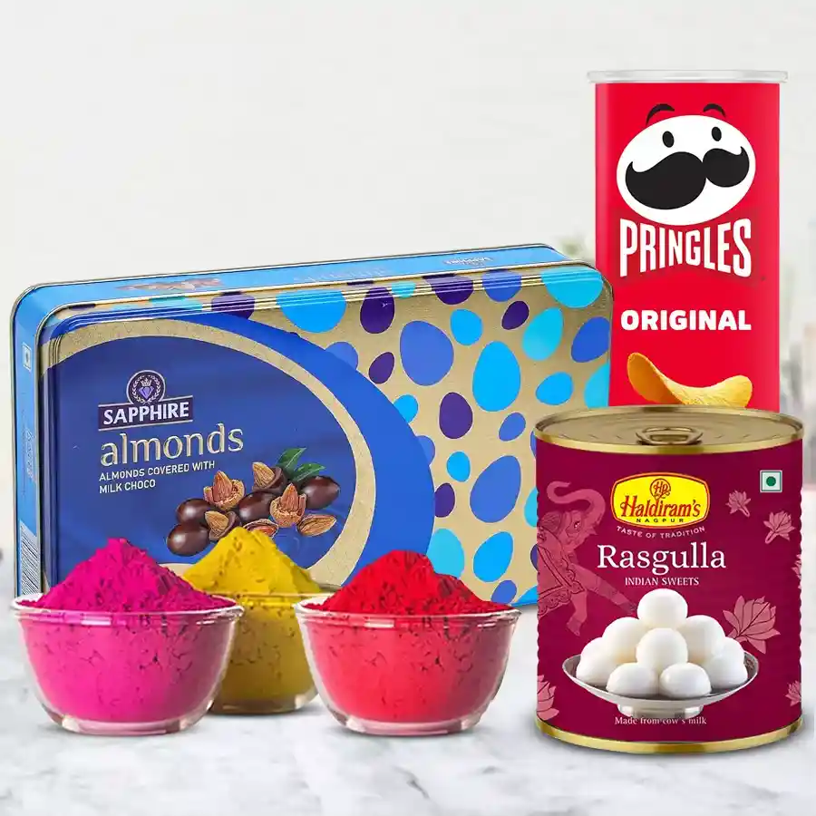 Vibrant gift combo for Holi celebration featuring Sapphire Almond Chocolates, Haldiram Rasgulla, Pringles Chips, and Herbal Gulal packs
