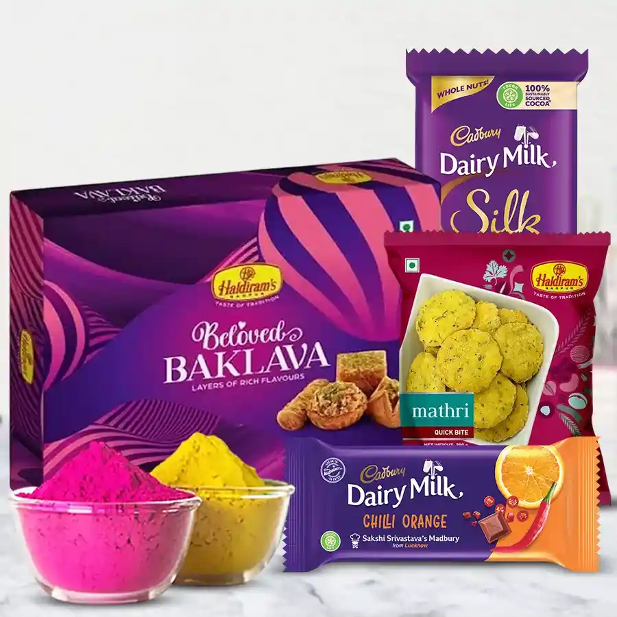 Pleasing Sweet n Snacks Holi Gift Combo featuring Roll Baklava, Haldiram Methi Mathri, Cadbury Dairy Milk Silk Hazelnut, Cadbury Dairy Milk Chilli Orange, and vibrant Herbal Gulal packets in colorful packaging