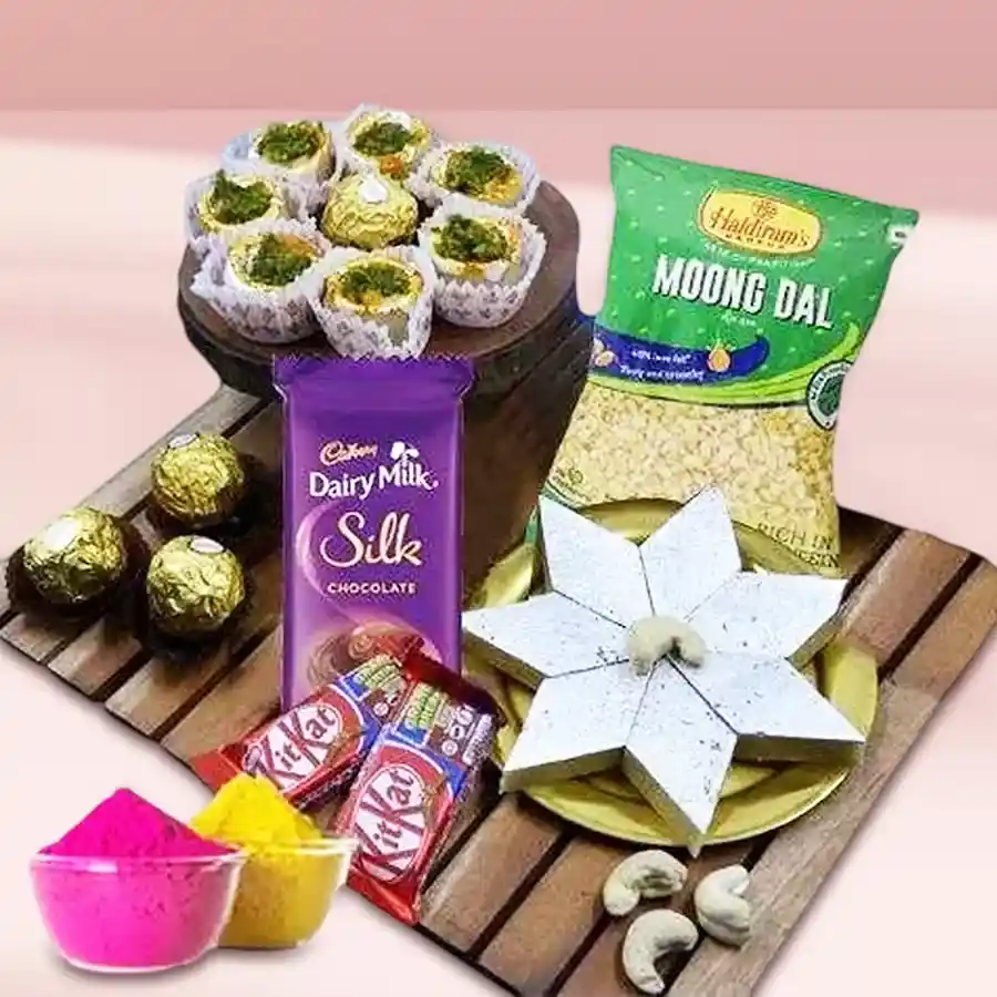 Superb Holi Gifts Combo featuring Haldiram sweets, chocolates, and colorful gulal