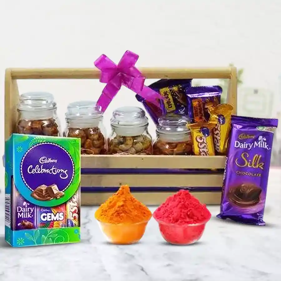 Awesome Flavored Cashew and Cadbury Chocolates Combo with Gulal on a wooden tray