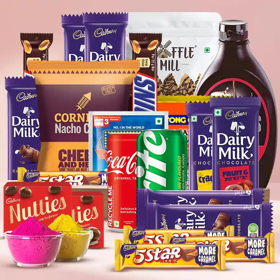 Awesome Connoisseurs Selection Hamper with snacks, chocolates, beverages, and herbal gulal arranged in a wooden tray for Holi celebration.